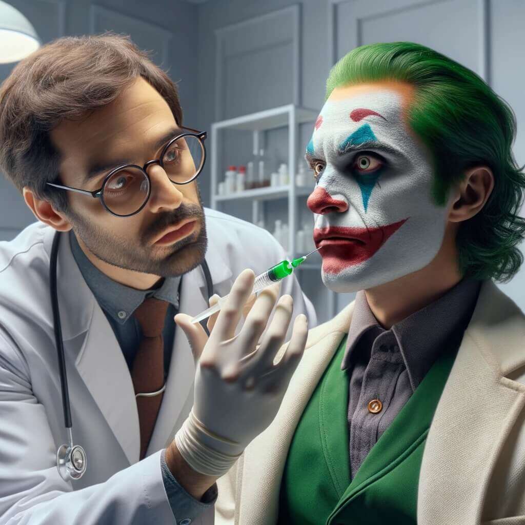 Joker pri estetskem zdravniku dobi injekcijo v ustnice